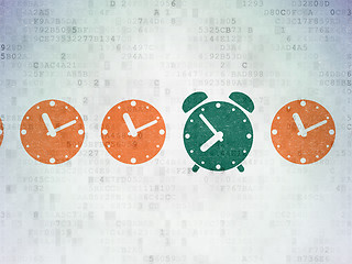 Image showing Timeline concept: green alarm clock icon on digital background