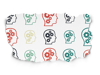 Image showing Advertising concept: multicolor Head With Gears icons on Torn Paper background