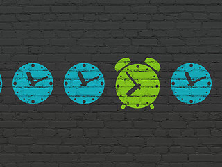 Image showing Timeline concept: green alarm clock icon on wall background