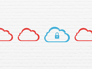 Image showing Cloud computing concept: blue cloud with padlock icon on wall background