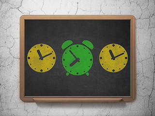 Image showing Timeline concept: green alarm clock icon on School Board background