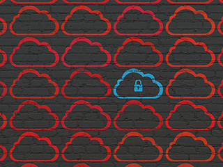 Image showing Cloud networking concept: blue cloud with padlock icon on wall background