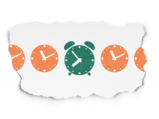 Image showing Timeline concept: green alarm clock icon on Torn Paper background