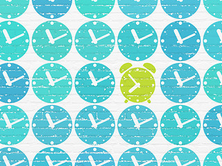 Image showing Time concept: green alarm clock icon on wall background
