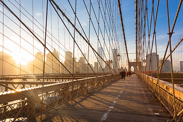 Image showing Brooklyn bridge at sunset, New York City.