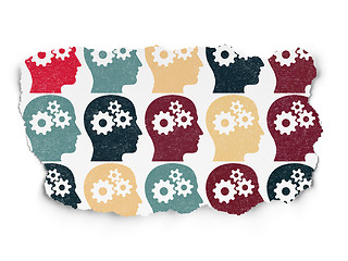 Image showing Business concept: multicolor Head With Gears icons on Torn Paper background