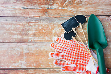 Image showing close up of trowel, nameplates and garden gloves