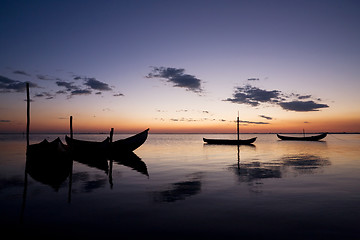 Image showing Boat Sillhouettes at Sunset