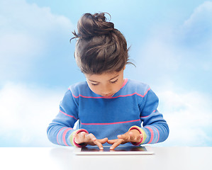 Image showing little girl with tablet pc over sky background