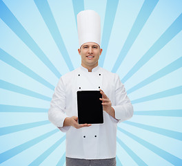 Image showing happy male chef cook showing tablet pc