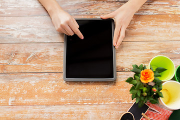 Image showing close up of woman or gardener with tablet pc