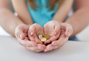 Image showing close up of family hands holding euro money coins