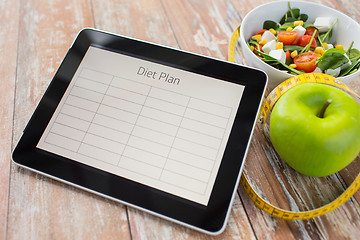 Image showing close up of diet plan on tablet pc and food