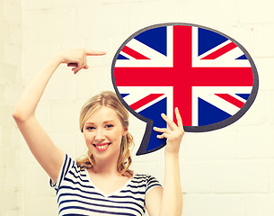 Image showing smiling woman with text bubble of british flag