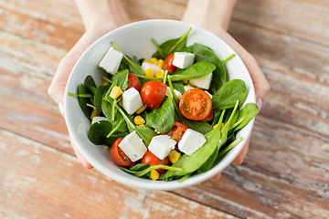 Image showing close up of young woman hands showing salad bowl