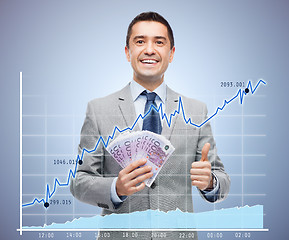 Image showing smiling businessman with money showing thumbs up