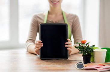 Image showing close up of woman or gardener with tablet pc