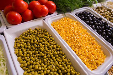 Image showing salad bar with vegetables in the restaurant