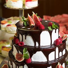 Image showing Chocolate cake with figs and raspberries