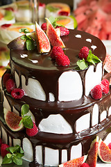 Image showing Chocolate cake with figs and raspberries