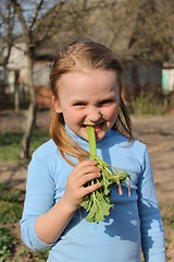 Image showing little girl chewing young sprout of a rhubard