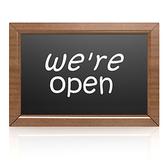Image showing We are open on blackboard