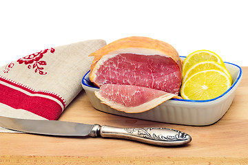 Image showing Ham , bread and vegetables on a white background.