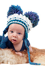 Image showing Portrait of adorable baby boy in knitted hat