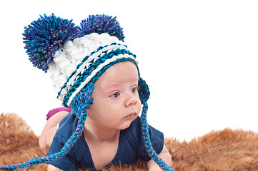 Image showing Portrait of adorable baby in knitted hat