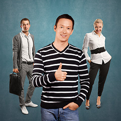 Image showing Teamwork and Asian Man In Striped Pullover