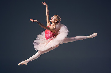 Image showing Beautiful female ballet dancer on a grey background. Ballerina is wearing  pink tutu and pointe shoes.