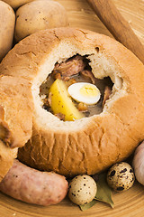 Image showing traditional white borscht (zurek) with sausage,egg and mushrooms