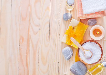 Image showing sea salt, soap and towels