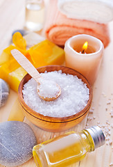 Image showing sea salt, soap and towels