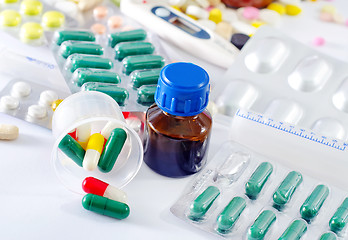 Image showing color pills and medical bottle