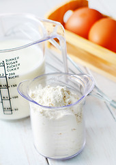 Image showing ingredients for dough, eggs, flour and milk