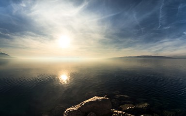 Image showing Beach with rocks and a cloudy sky