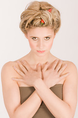 Image showing Attractive woman with hair vegetable and fruit chain