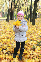 Image showing little girl with yellow leaves in the park