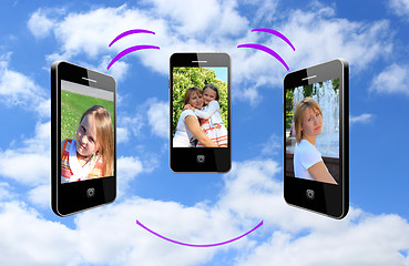 Image showing Mother and her daughter connecting with phones