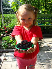 Image showing girl offers the plate with ripe mulberry