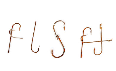 Image showing Word FISH composed of old rusty fish hooks