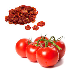 Image showing Ripe tomato on bunch and dried slices of tomato