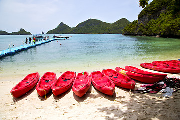 Image showing  boat coastline of a  green lagoon and tree pier