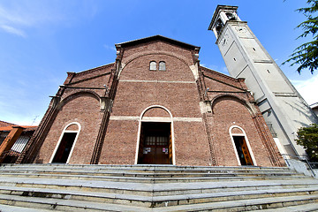 Image showing cardano al campo   the old   church   brick tower sidewalk italy