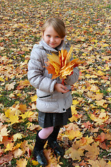 Image showing girl with yellow leaves in the park