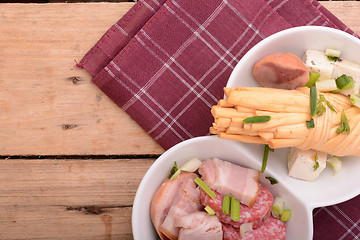 Image showing salami and cheese on white plate