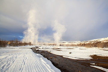 Image showing Several Geysers in a winter landscape in Iceland