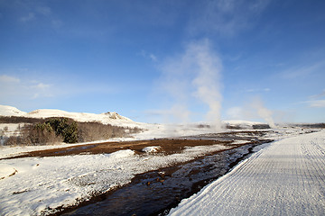 Image showing Several Geysers in a winter landscape in Iceland