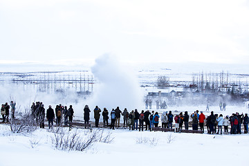 Image showing Visitors at the geyser erruption of Strokkur, Iceland